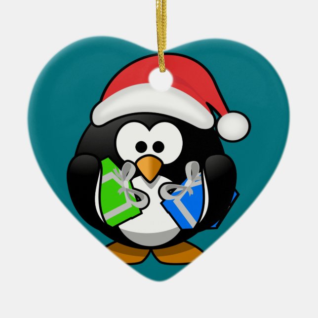Pinguin mit Geschenken Keramik Ornament (Vorne)