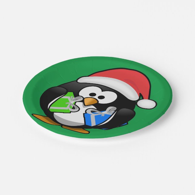 Pinguin mit Geschenken Pappteller (Schrägansicht)