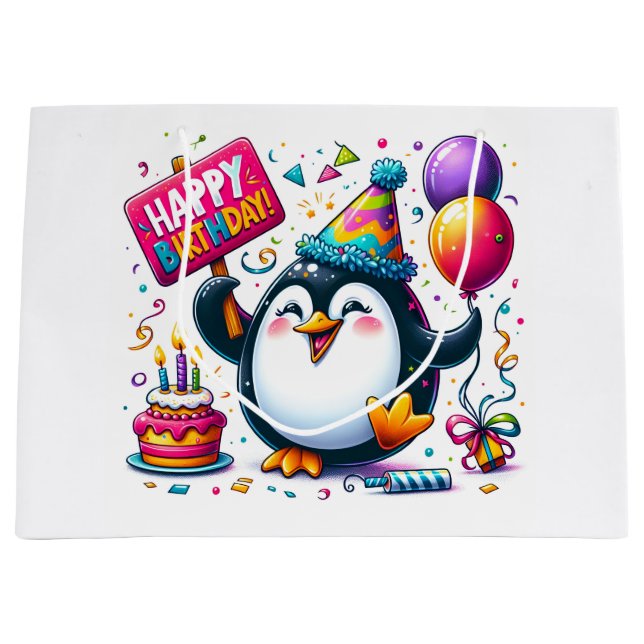 Pinguin mit "Happy Birthday" Zeichen von Natasha U Große Geschenktüte (Vorderseite)