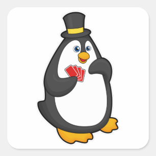 Pinguin mit Hut im Poker mit Poker-Karten Quadratischer Aufkleber
