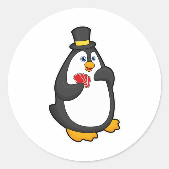 Pinguin mit Hut im Poker mit Poker-Karten Runder Aufkleber (Vorderseite)