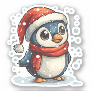 Pinguin mit Hut und Schal im Schnee Aufkleber