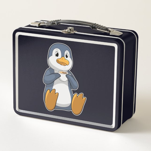 Pinguin mit Kaffee-Cup Metall Brotdose (Vorderseite)
