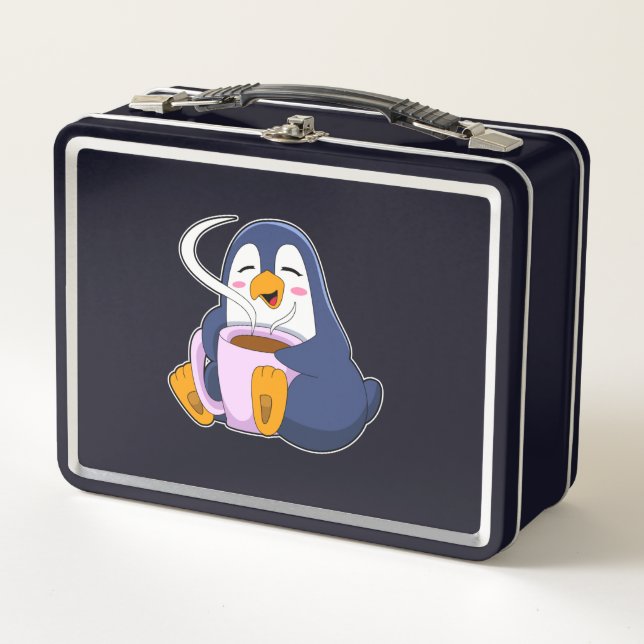 Pinguin mit Kaffee-Cup Metall Brotdose (Vorderseite)