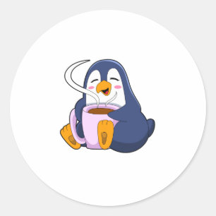 Pinguin mit Kaffee-Cup Runder Aufkleber