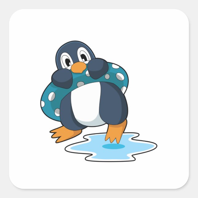 Pinguin mit Lifebuoy Quadratischer Aufkleber (Vorderseite)