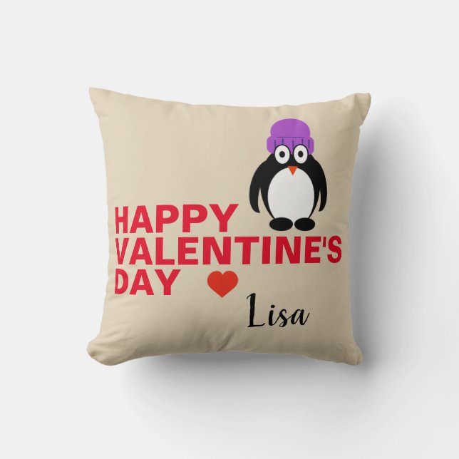 Pinguin mit Lila Hut Valentinstag Kissen (Vorderseite)