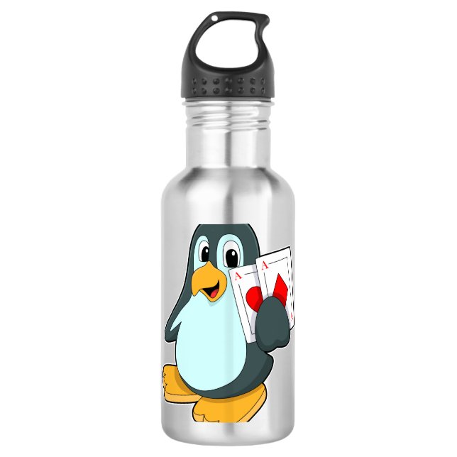 Pinguin mit Poker-Karten Edelstahlflasche (Vorderseite)