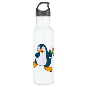 Pinguin mit Rosa-Blume Edelstahlflasche