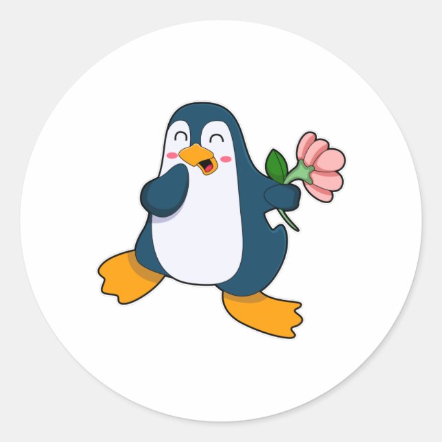 Pinguin mit Rosa-Blume Runder Aufkleber (Vorderseite)