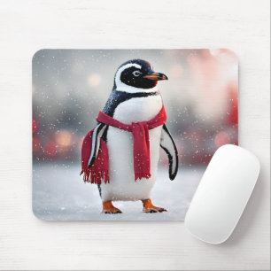 Pinguin mit rotem Scarin in Schneeflocken Mousepad