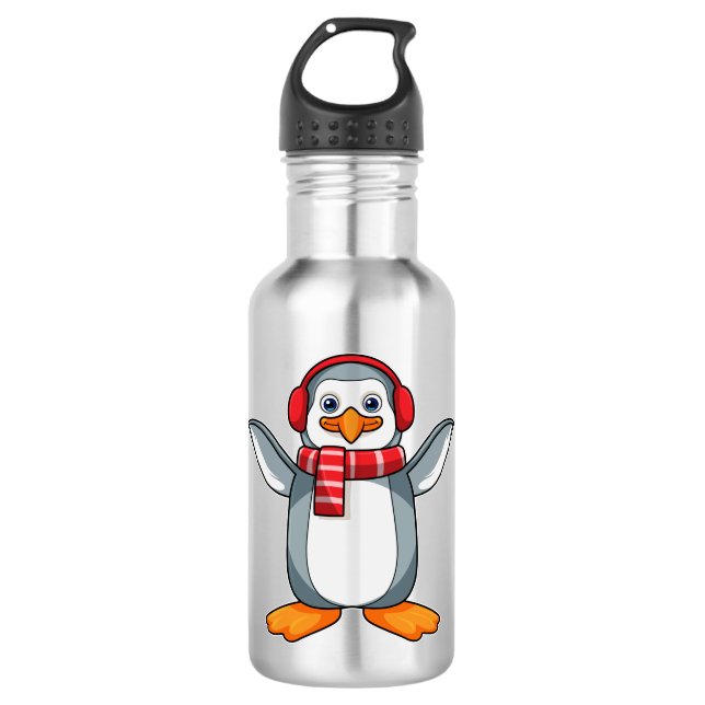 Pinguin mit Scarf & Headphone Edelstahlflasche (Vorderseite)