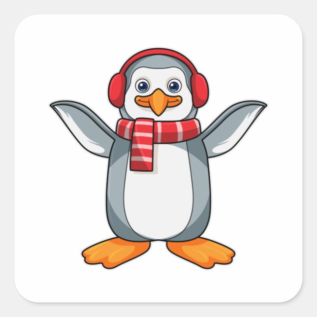 Pinguin mit Scarf & Headphone Quadratischer Aufkleber (Vorderseite)