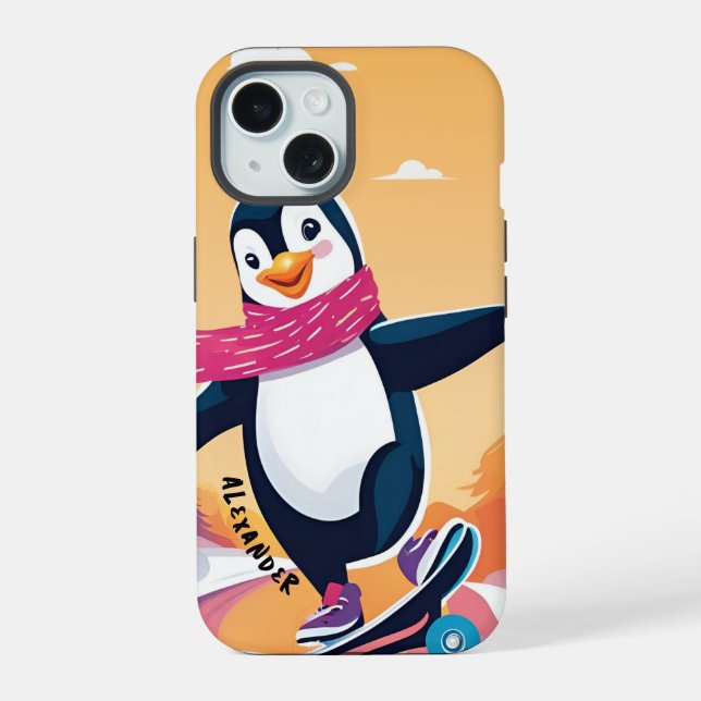 Pinguin mit Scarf und Skateboard Fun Design iPhone 15 Hülle (Rückseite)