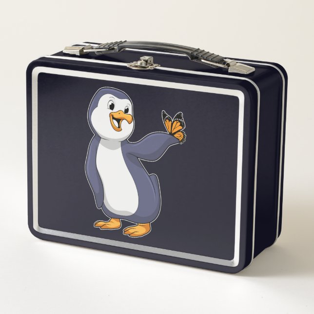 Pinguin mit Schmetterling Metall Brotdose (Vorderseite)