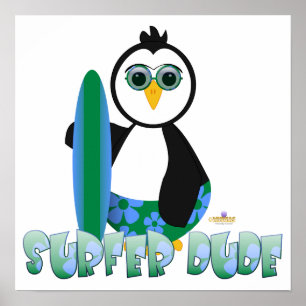 Pinguin mit Surfbrett mit Sonnenbrille Surfer Poster