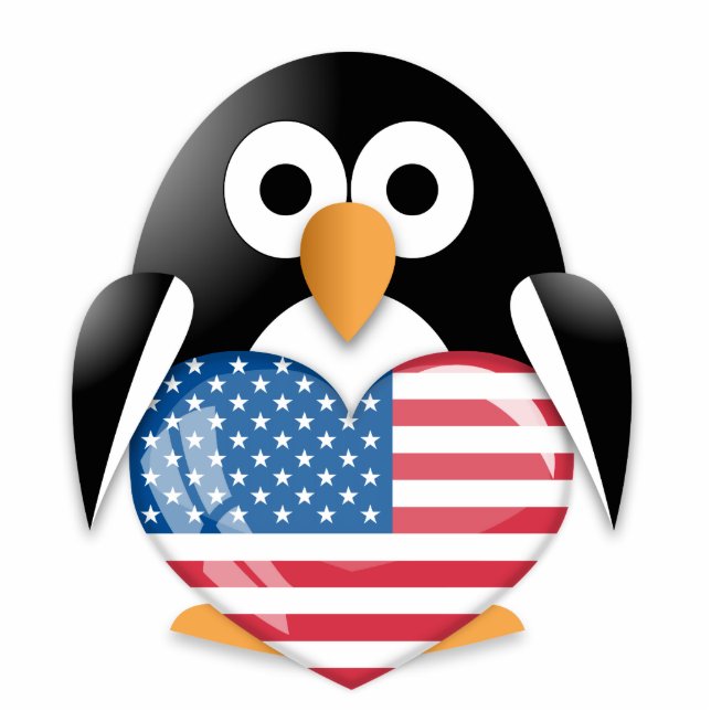 Pinguin mit US-Flagge Freistehende Fotoskulptur (Vorne)