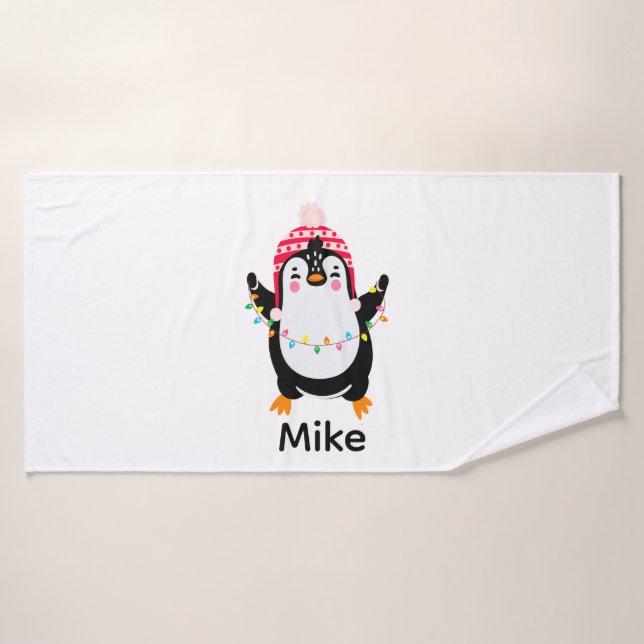 Pinguin mit Weihnachtsbeleuchtung Badehandtuch (Badehandtuch)