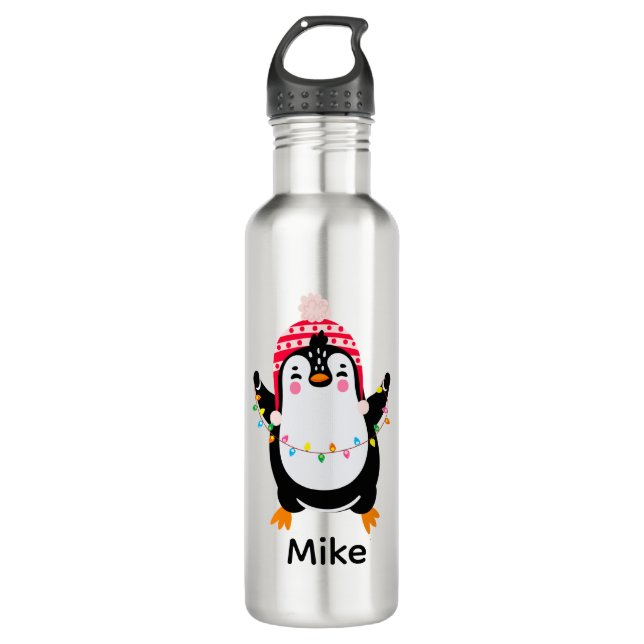 Pinguin mit Weihnachtsbeleuchtung Edelstahlflasche (Vorderseite)