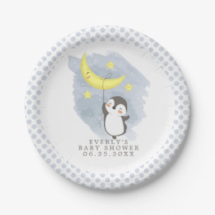 Pinguin Mond Wasserfarbe Babyparty Pappteller