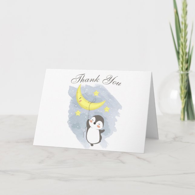 Pinguin Moon Baby Dusche Wasserfarbe Danke Karte (Vorderseite)