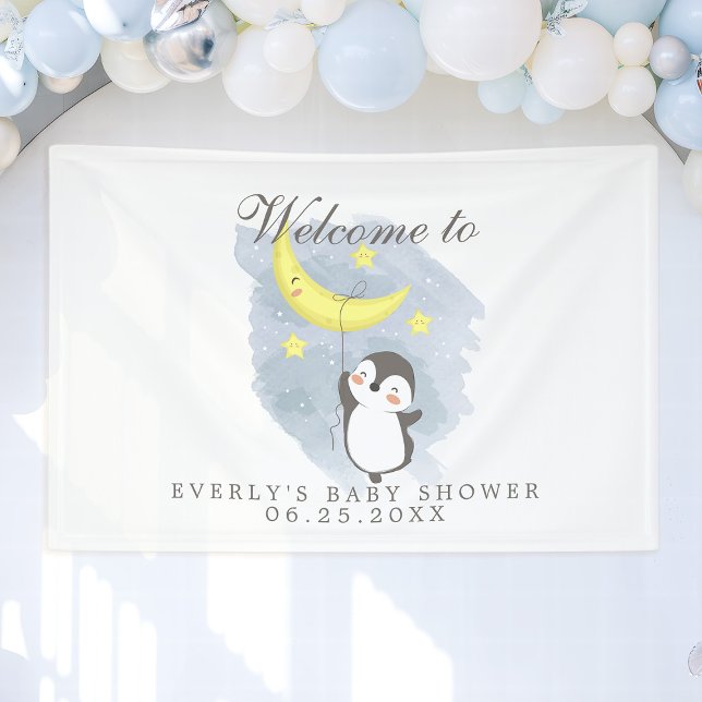 Pinguin Moon Niedlich Watercolor Babydusche Willko Banner (Von Creator hochgeladen)