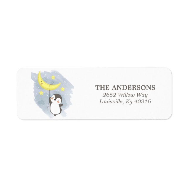 Pinguin Moon Watercolor Babydusche Rücksendeadress (Vorne)