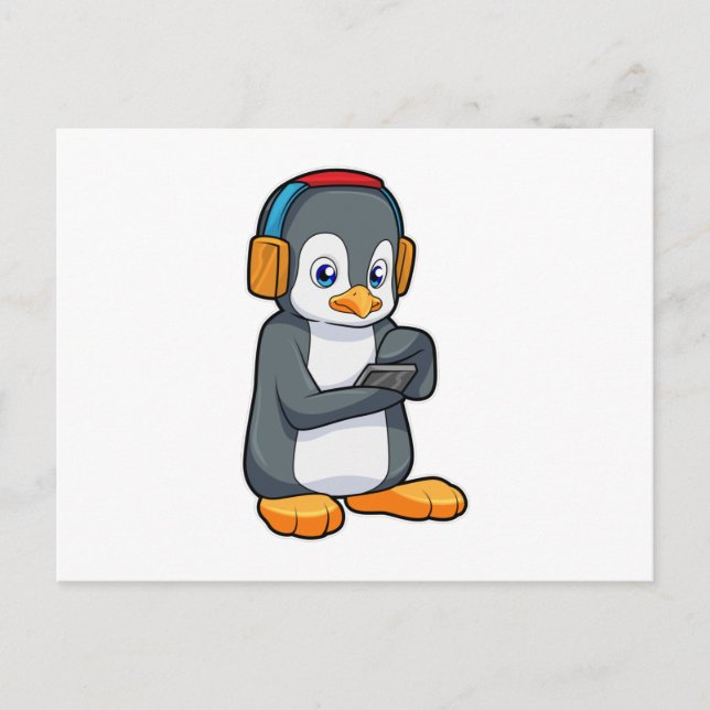 Pinguin Music Headphone Postkarte (Vorderseite)