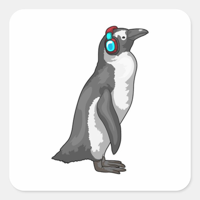 Pinguin Music Headphone Quadratischer Aufkleber (Vorderseite)
