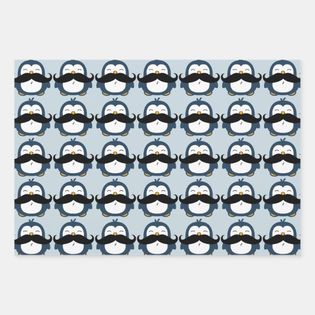 Pinguin Mustache Trend Pattern| Blau Geschenkpapier Set (Vorderseite)