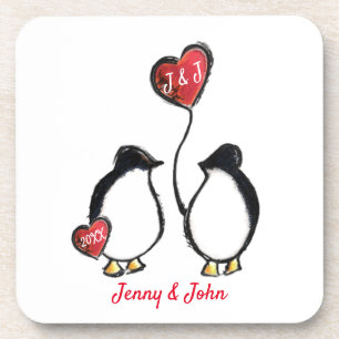 Pinguin-Paar & Herzballon-Hochzeit Getränkeuntersetzer