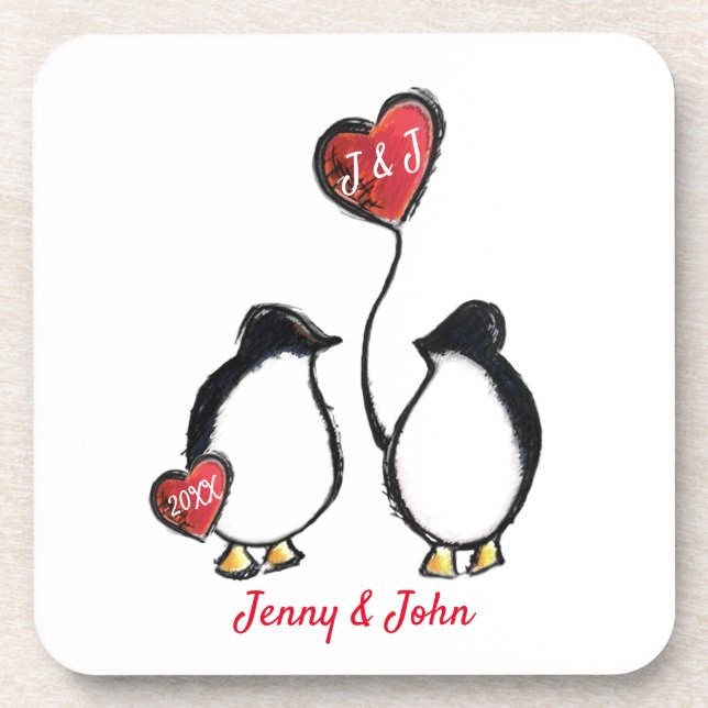 Pinguin-Paar & Herzballon-Hochzeit Getränkeuntersetzer (Vorderseite)