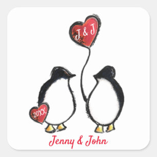 Pinguin-Paar & Herzballon-Hochzeit Quadratischer Aufkleber