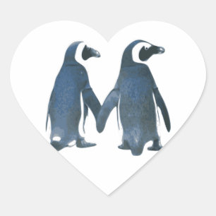 Pinguin-Paare, die Hände halten Herz-Aufkleber