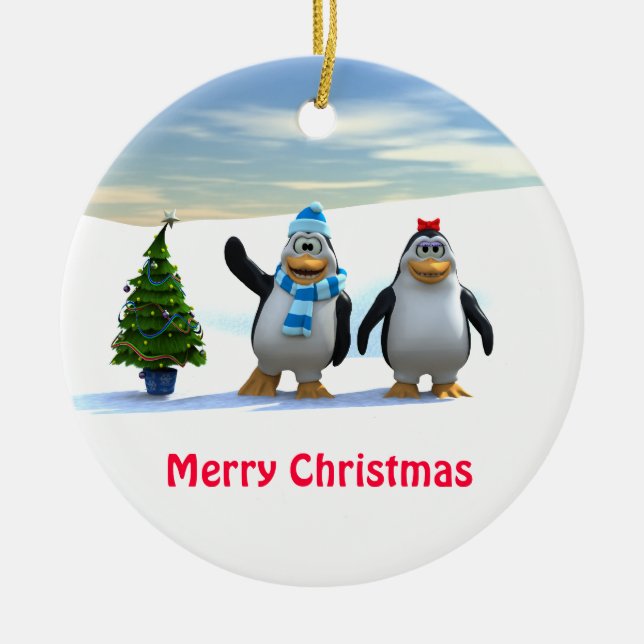 Pinguin Pair mit Baum Keramikornament (Vorne)