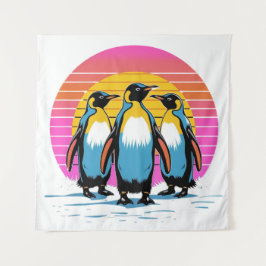 Pinguin Parade - Retro Sunset Penguin Family Wandteppich