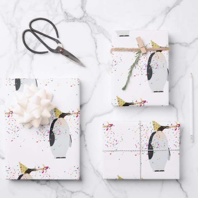 Pinguin Partying - Tiere mit Party Geschenkpapier Set (Vorderseite)