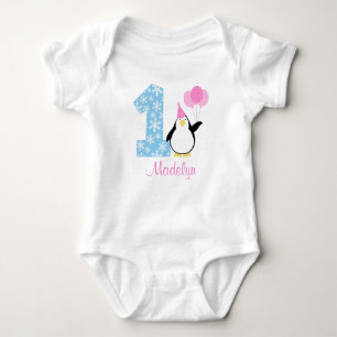 Pinguin Pink Blue Girl Winter Onederland Geburtsta Baby Strampler