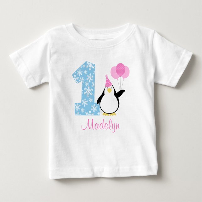 Pinguin Pink Blue Girl Winter Onederland Geburtsta Baby T-shirt (Vorderseite)