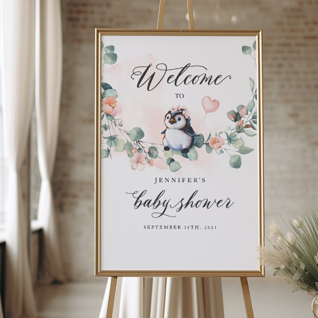Pinguin Pink Girl Baby Dusche Begrüßungszeichen Poster (Von Creator hochgeladen)