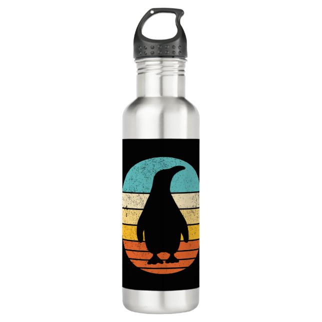 Pinguin Retro Vintag Sunset Edelstahlflasche (Vorderseite)
