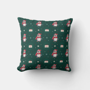 Pinguin Santa Green Happy Frohe Weihnachtsmuster Kissen