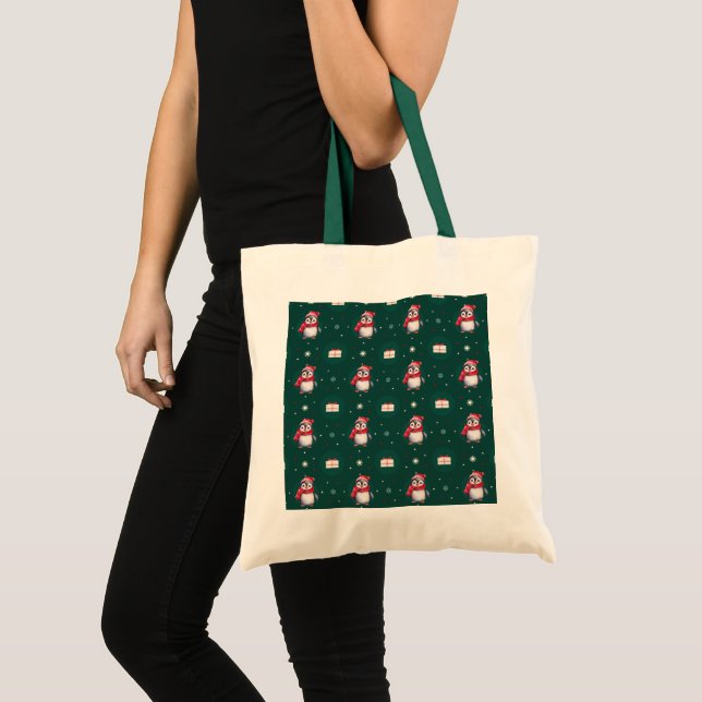 Pinguin Santa Green Happy Frohe Weihnachtsmuster Tragetasche (Vorderseite (Produkt))