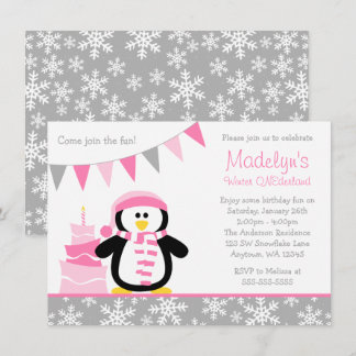 Pinguin-Schneeflocke-rosa Winter Onederland Einladung