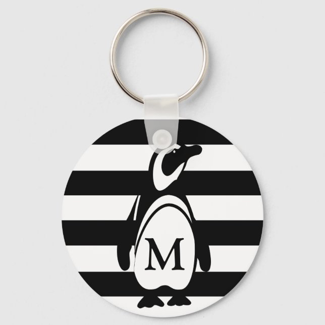 Pinguin Schwarz-Weiß-Streifen-Monogramm Schlüsselanhänger (Vorderseite)
