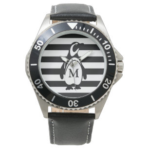 Pinguin-Schwarzweiss-Streifen-Monogramm modern Armbanduhr