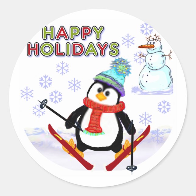 Pinguin Skier Cards Runder Aufkleber (Vorderseite)