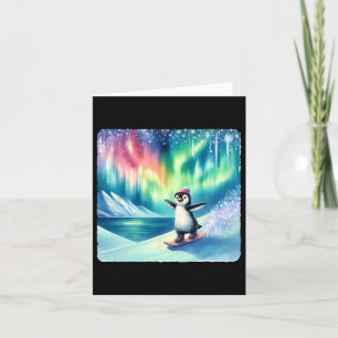 Pinguin Snowboarden unter der farbenfrohen Aurora  Karte