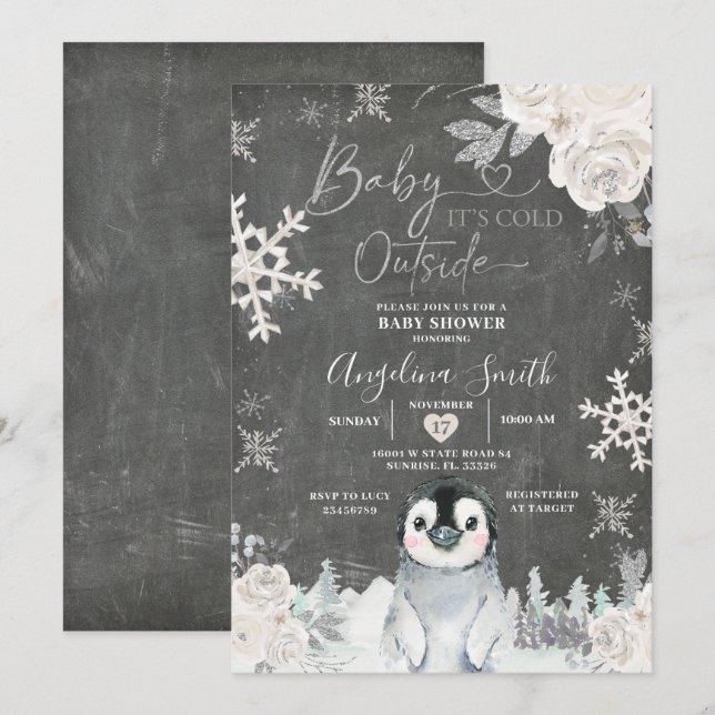 Pinguin Snowflake Floral Baby Showdusche Einladung (Vorne/Hinten)