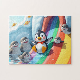 Pinguin spielt auf einer Rutsche